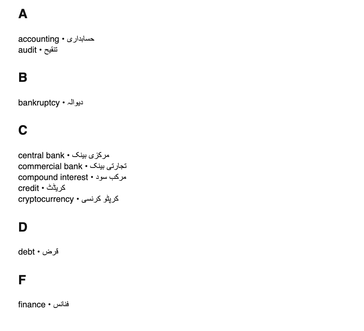 Finance terms in Urdu