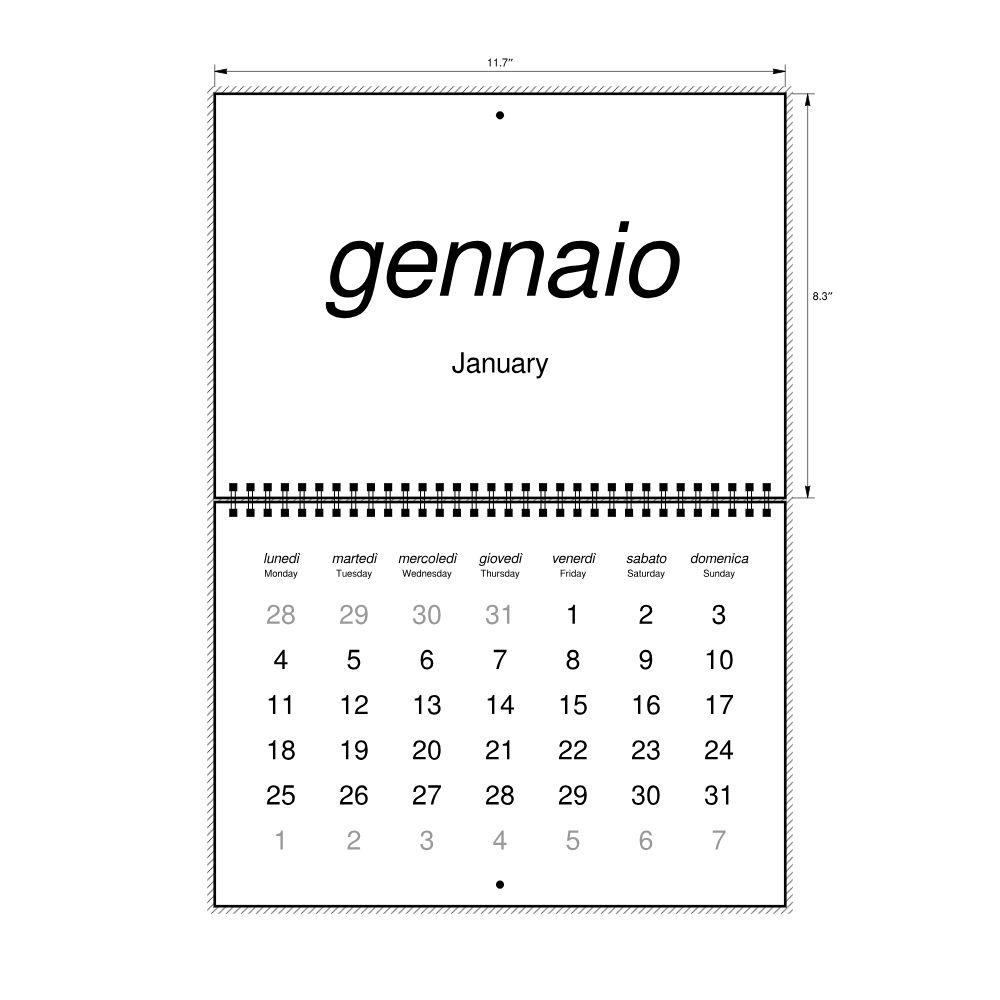 Leskoff 2027 Wall Calendar, Italian/English-Labeled, Monday-Start Layout, Wire-Bound, 11.7 x 8.3 in (29.7 x 21.0 cm), image 2 of 2
