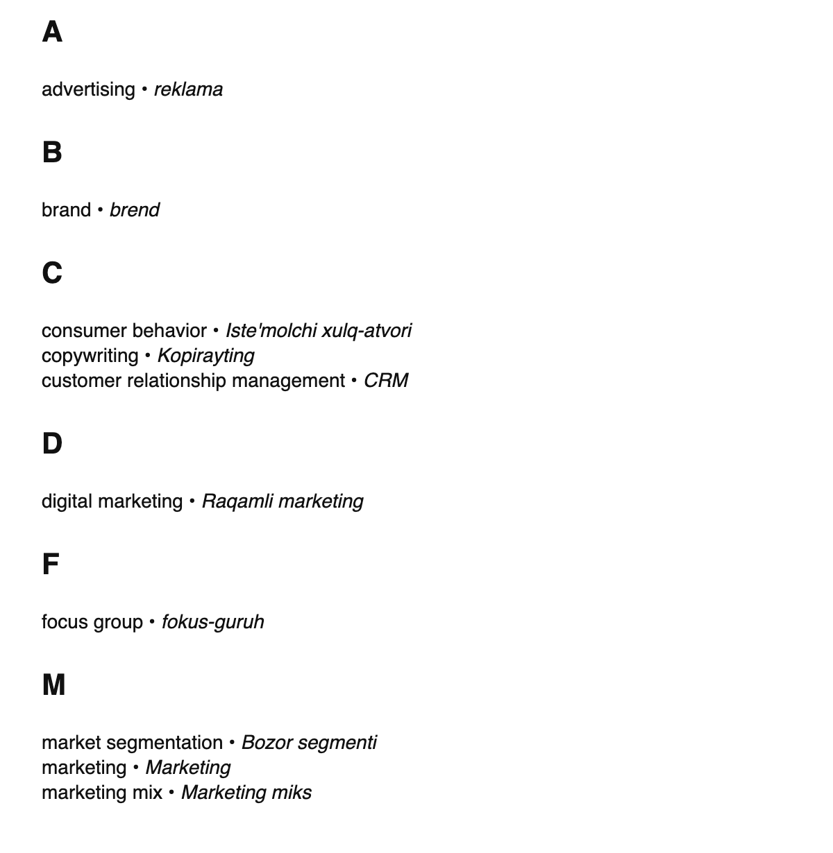 Marketing terms in Uzbek