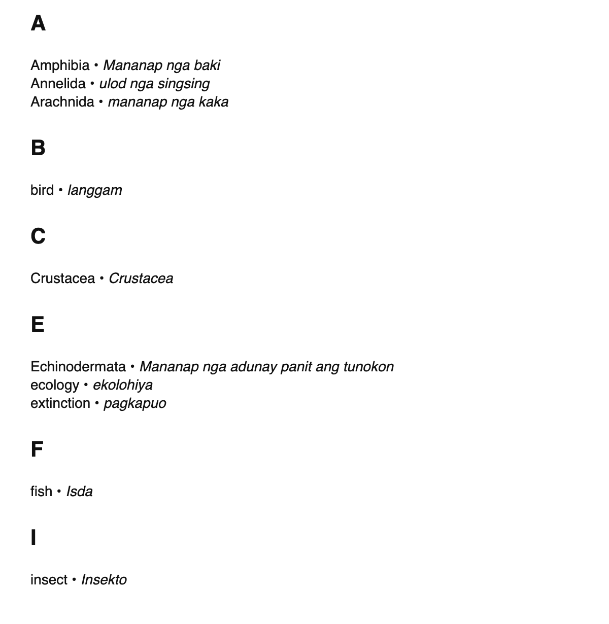 Zoology terms in Cebuano