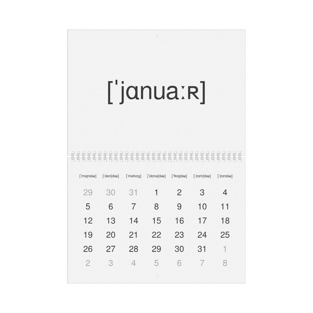Leskoff 2026 Phonetic Wall Calendar, IPA-Labeled (Luxembourgish), Monday-Start Layout, Wire-Bound, 11.7 x 8.3 in (29.7 x 21.0 cm), image 1 of 1