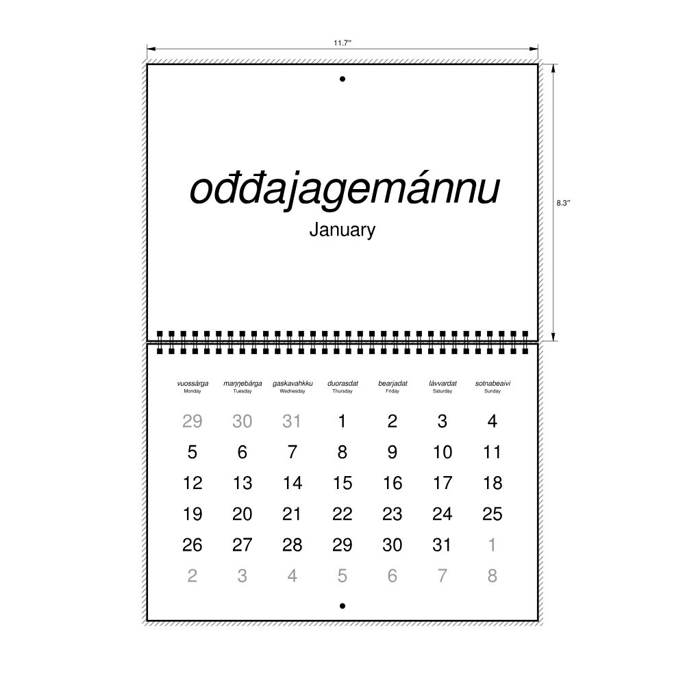 Leskoff 2026 Wall Calendar, Northern Sámi/English-Labeled, Monday-Start Layout, Wire-Bound, 11.7 x 8.3 in (29.7 x 21.0 cm), image 2 of 2