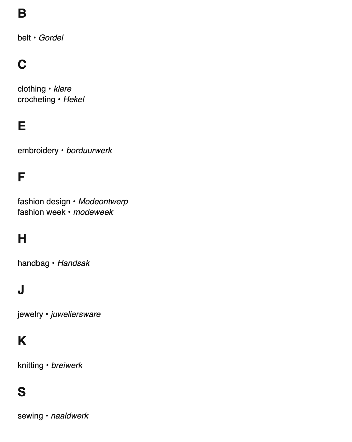 Fashion design terms in Afrikaans