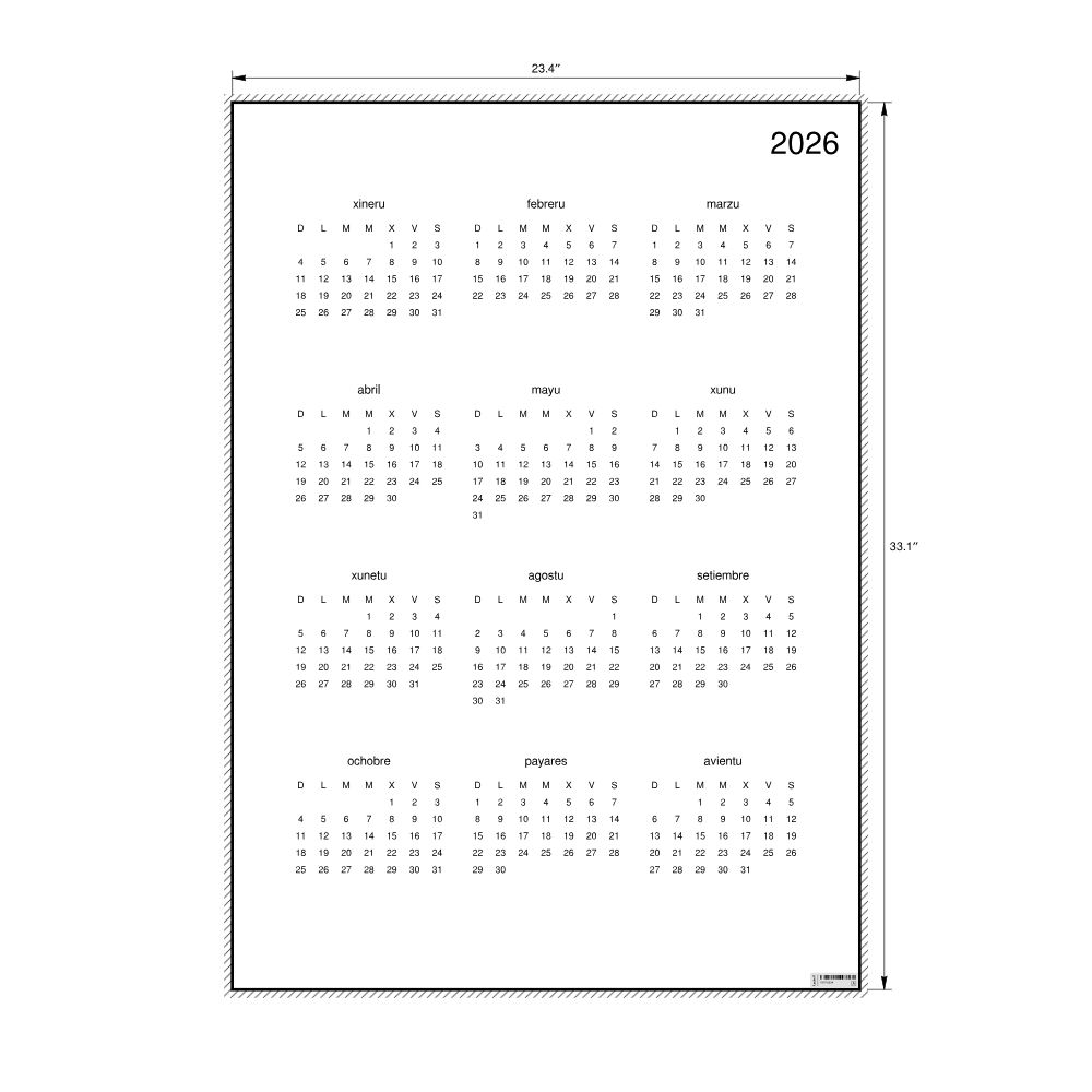 Leskoff 2026 Wall Calendar, Asturian-Labeled, Sunday-Start Layout, Poster / Wall Print, 23.4 x 33.1 in (59.4 x 84.1 cm), image 2 of 2