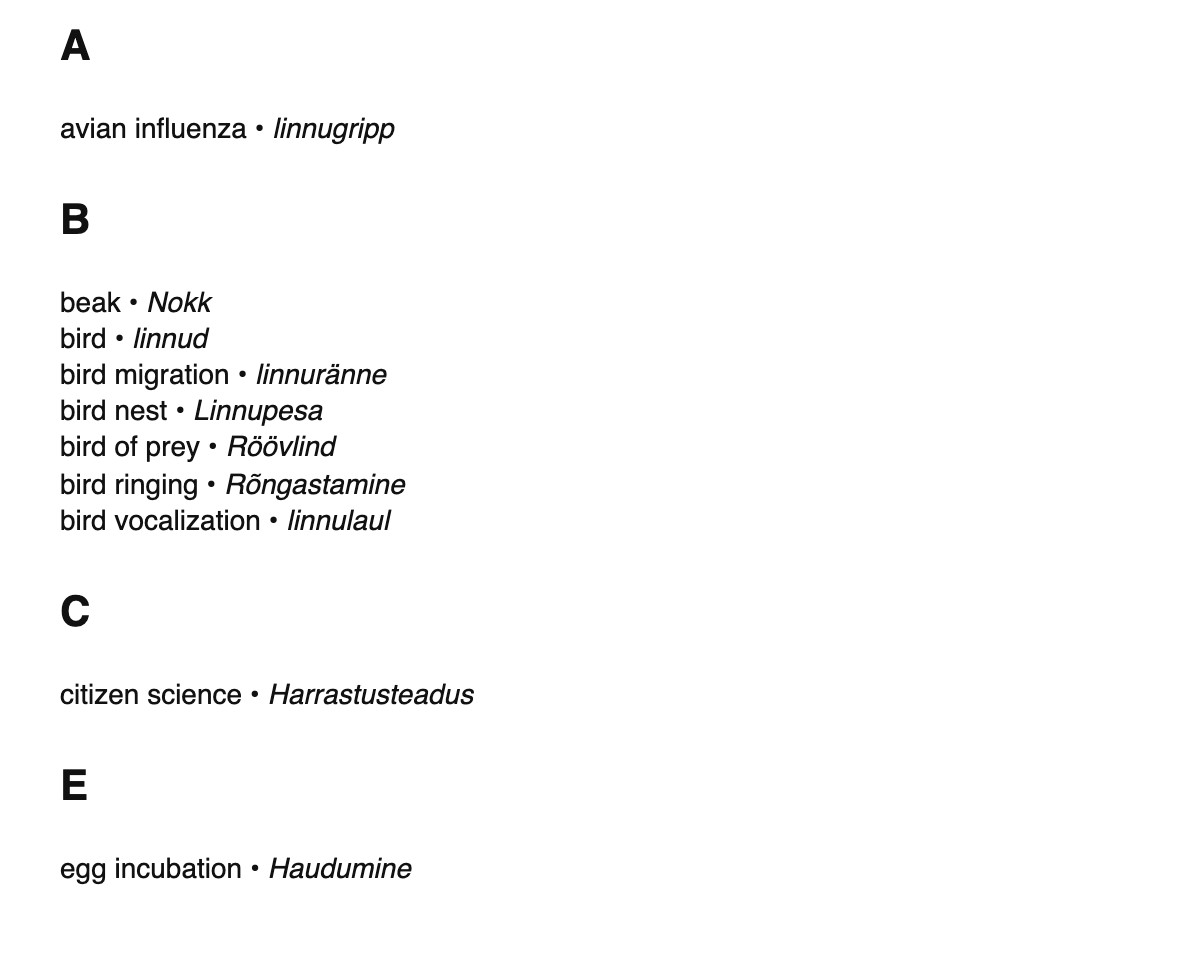 Ornithology terms in Estonian