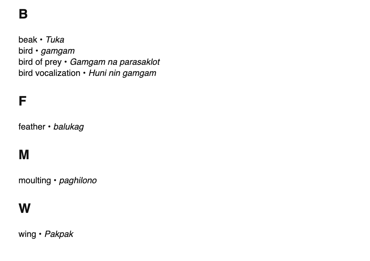 Ornithology terms in Central Bikol