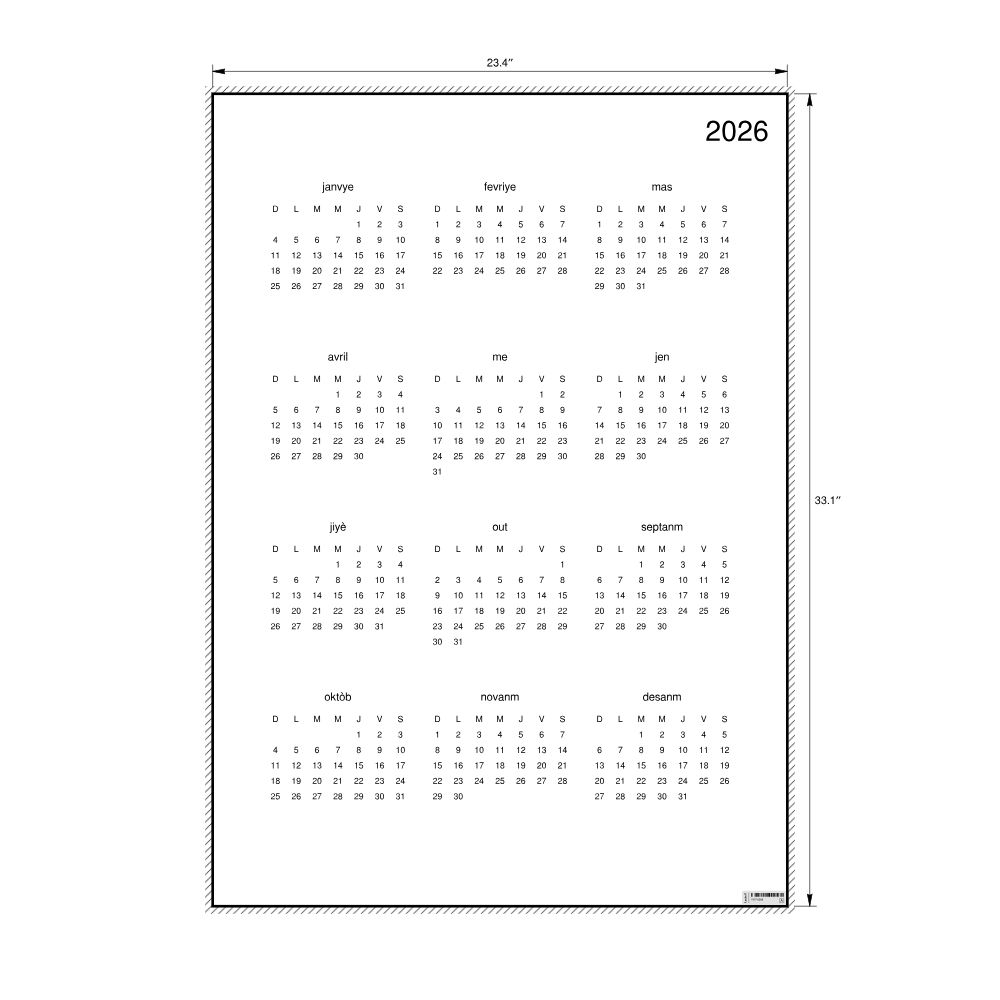 Leskoff 2026 Wall Calendar, Haitian Creole-Labeled, Sunday-Start Layout, Poster / Wall Print, 23.4 x 33.1 in (59.4 x 84.1 cm), image 2 of 2
