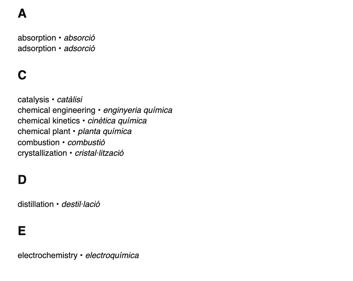 Chemical engineering terms in Catalan