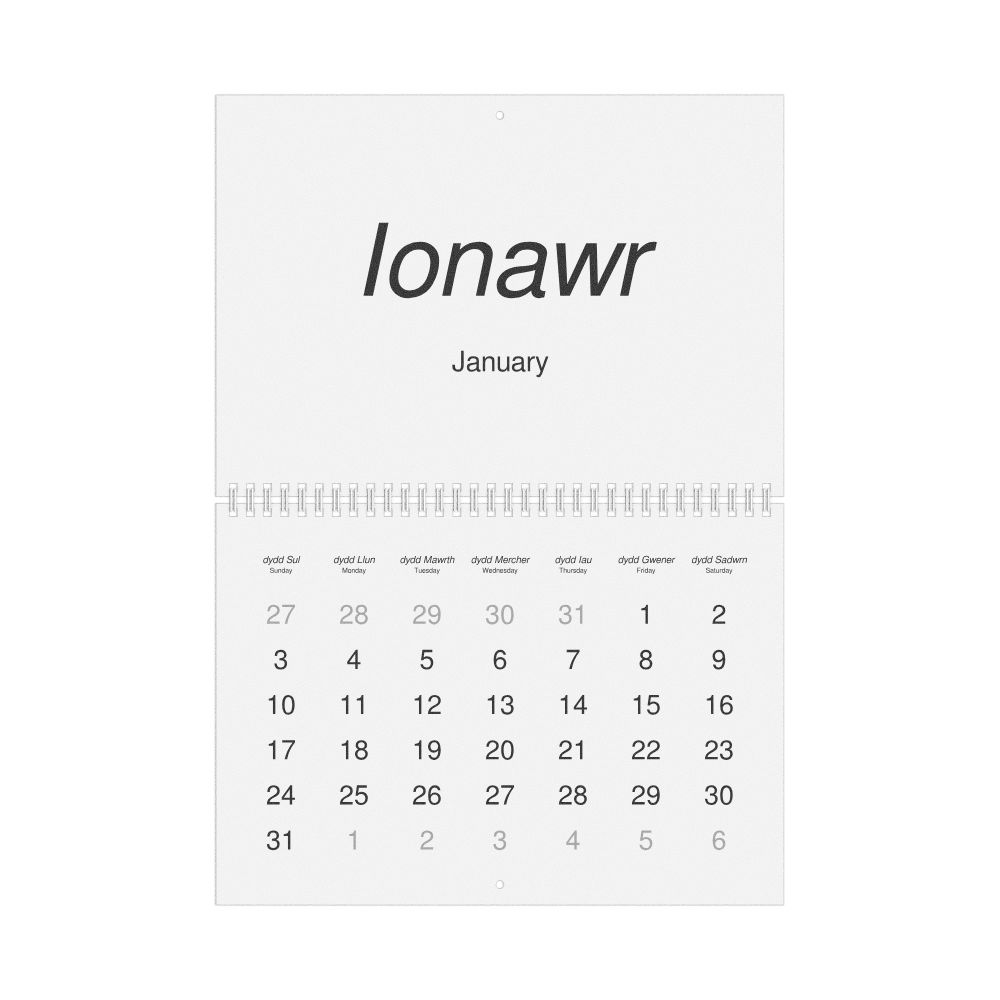 Leskoff 2027 Wall Calendar, Welsh/English-Labeled, Sunday-Start Layout, Wire-Bound, 11.7 x 8.3 in (29.7 x 21.0 cm), image 1 of 1