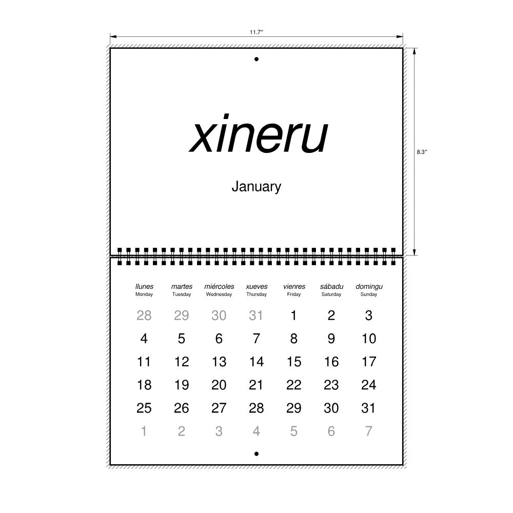 Leskoff 2027 Wall Calendar, Asturian/English-Labeled, Monday-Start Layout, Wire-Bound, 11.7 x 8.3 in (29.7 x 21.0 cm), image 2 of 2