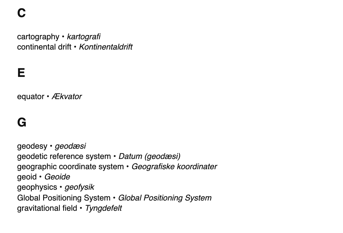 Geodesy terms in Danish
