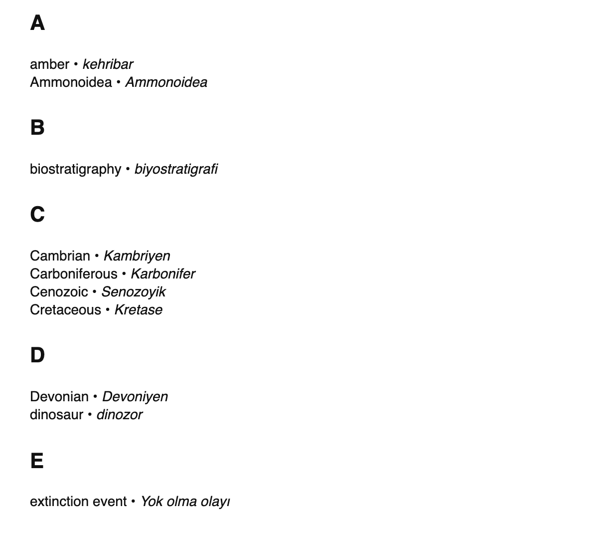 Paleontology terms in Turkish