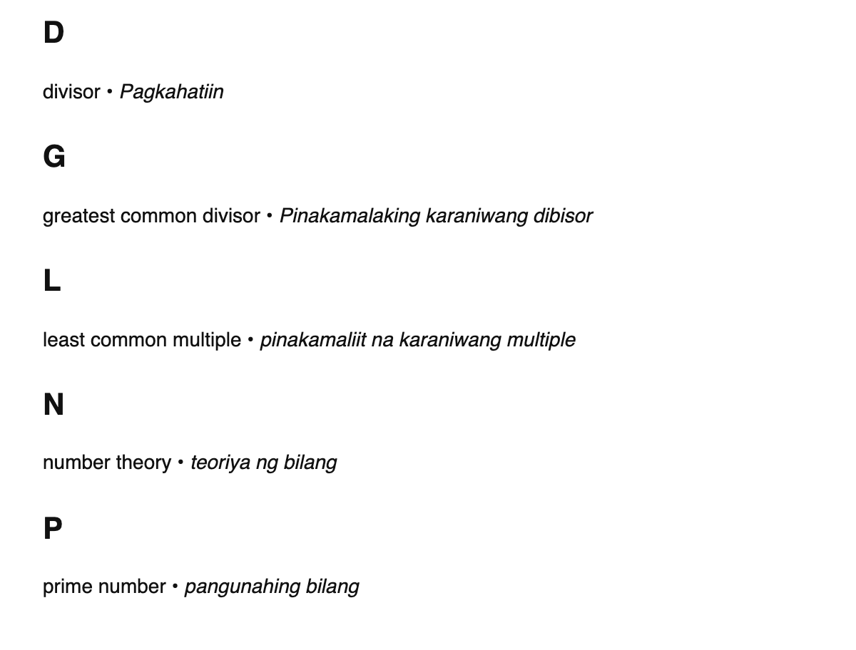 Number theory terms in Tagalog