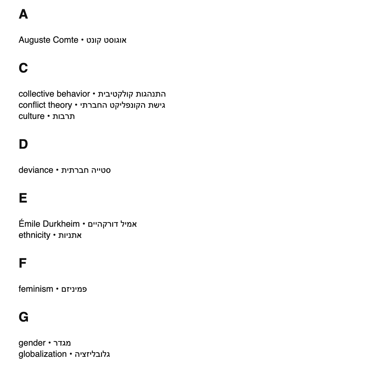 Sociology terms in Hebrew