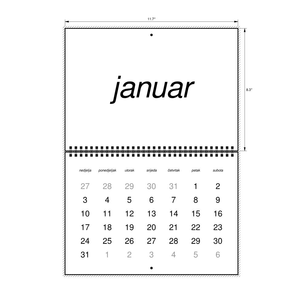 Leskoff 2027 Wall Calendar, Montenegrin-Labeled, Sunday-Start Layout, Wire-Bound, 11.7 x 8.3 in (29.7 x 21.0 cm), image 2 of 2
