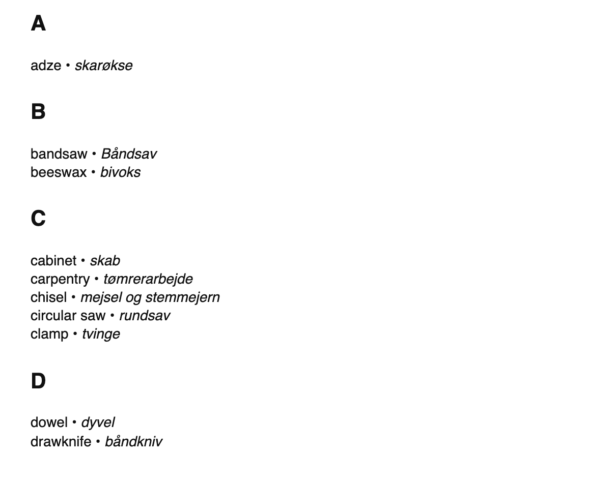 Woodworking terms in Danish