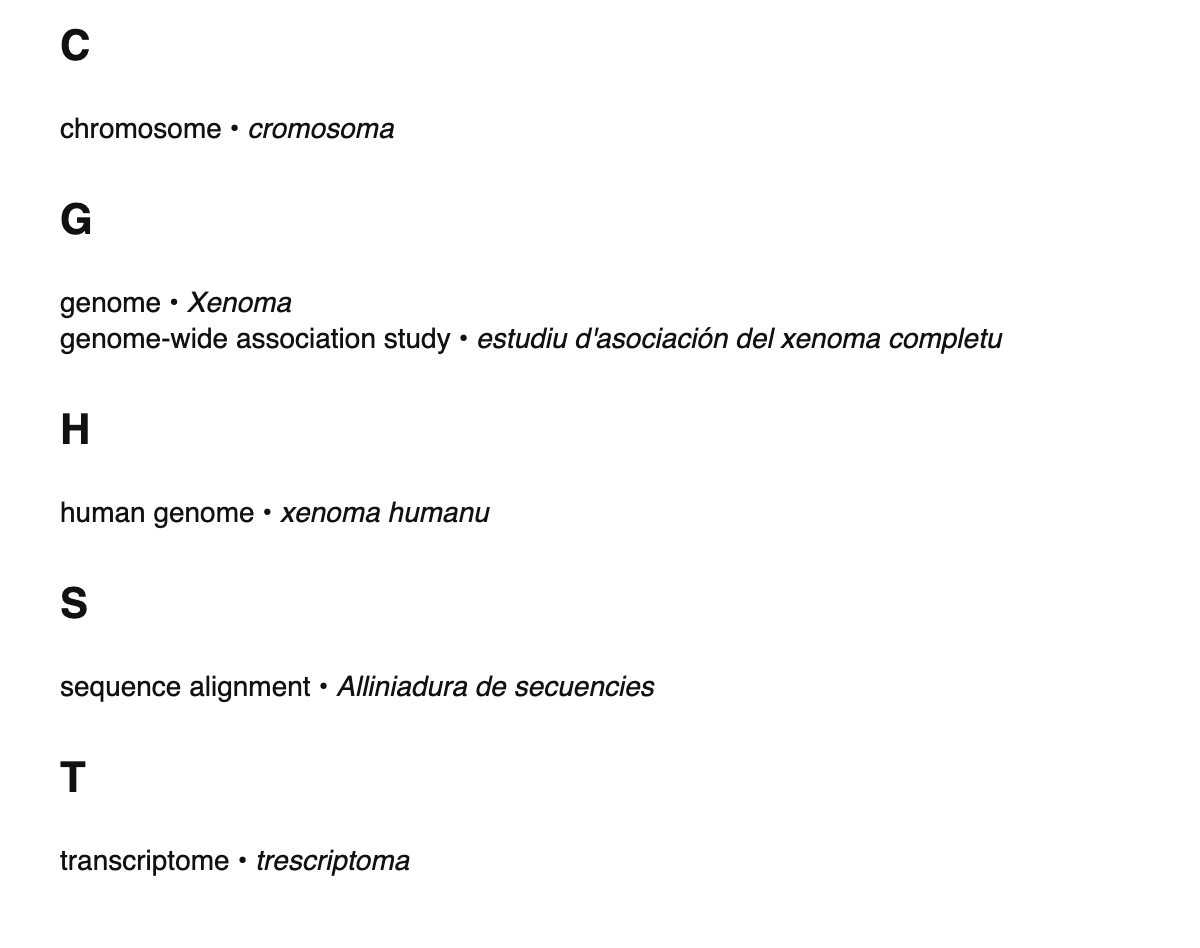 Genomics terms in Asturian