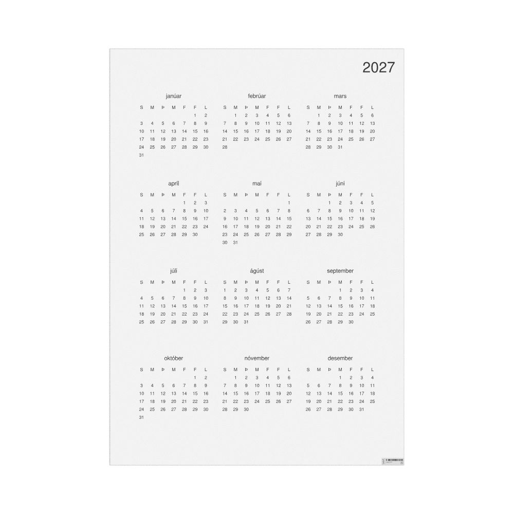 Leskoff 2027 Wall Calendar, Icelandic-Labeled, Sunday-Start Layout, Poster / Wall Print, 23.4 x 33.1 in (59.4 x 84.1 cm), image 1 of 1