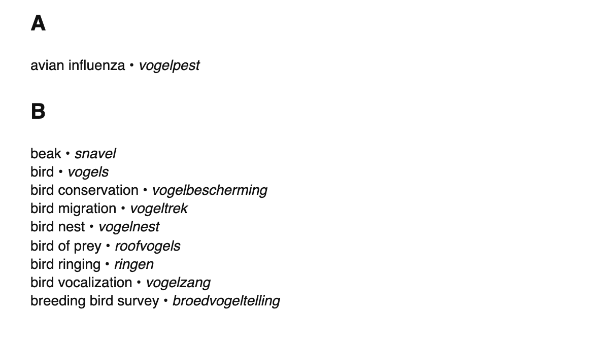 Ornithology terms in Dutch