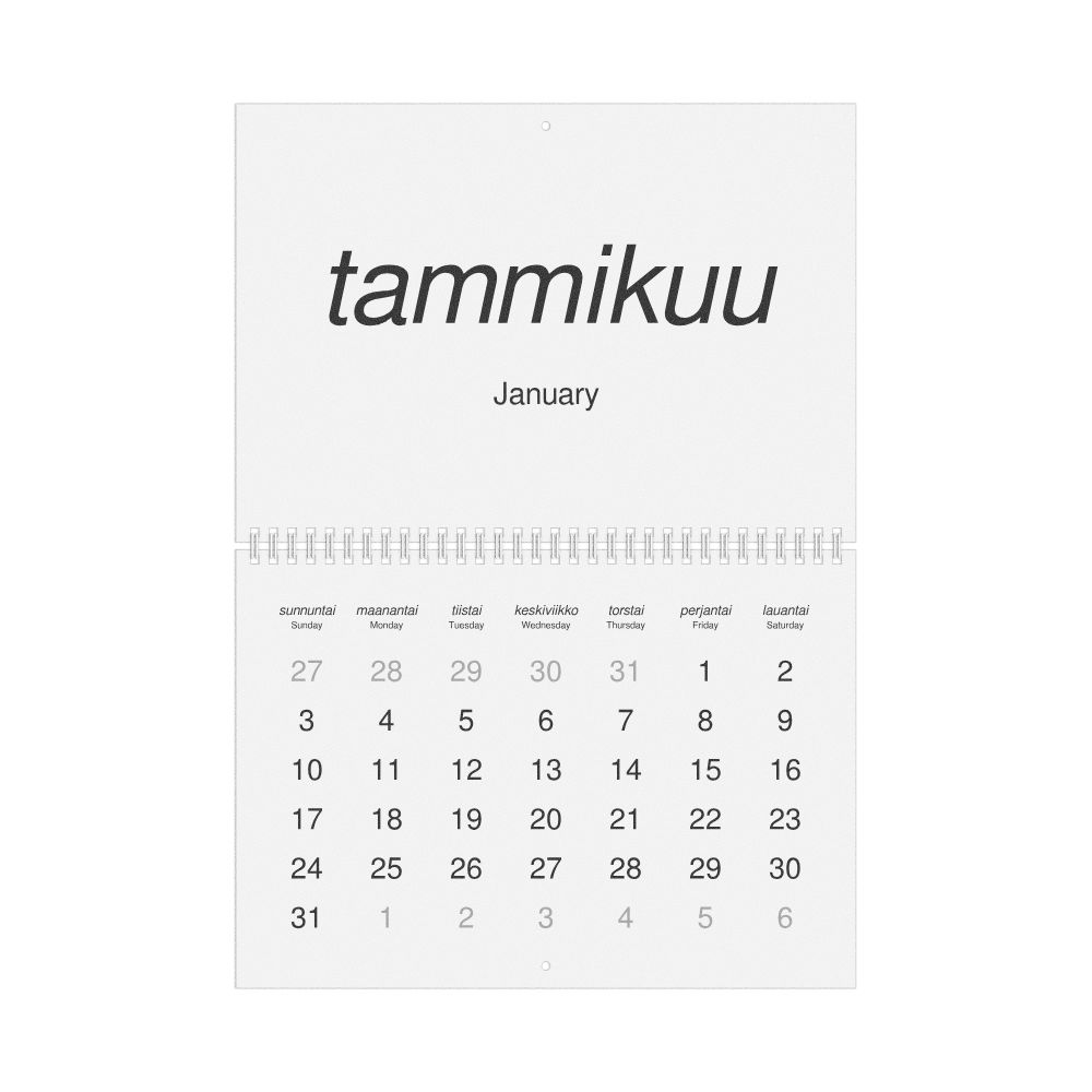Leskoff 2027 Wall Calendar, Finnish/English-Labeled, Sunday-Start Layout, Wire-Bound, 11.7 x 8.3 in (29.7 x 21.0 cm), image 1 of 1