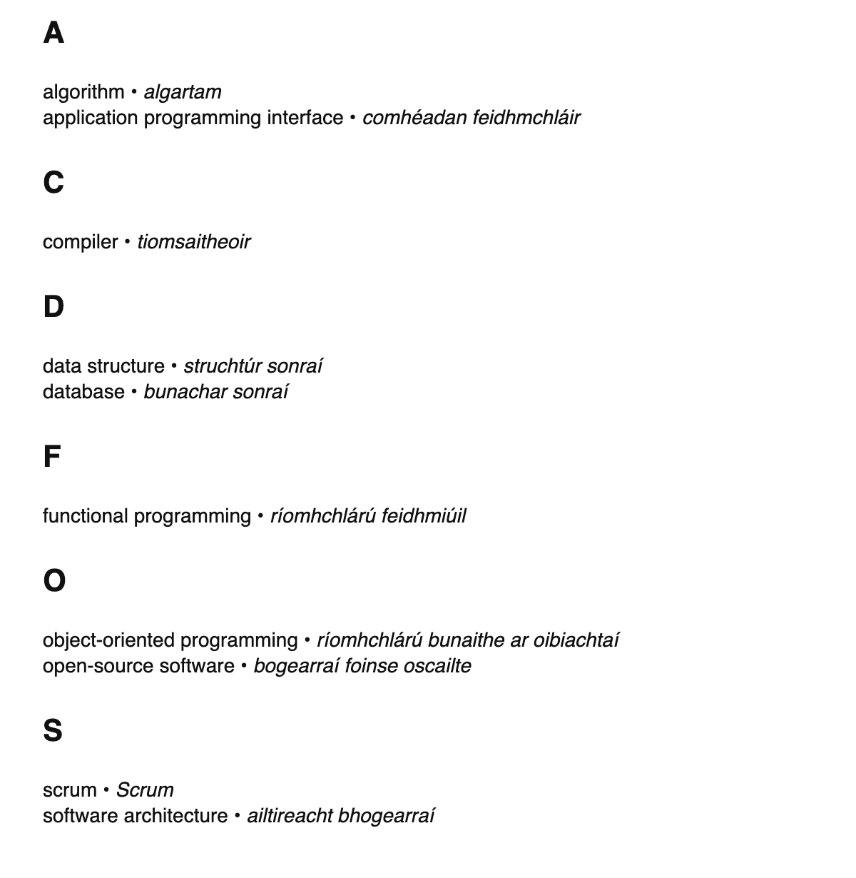 Software engineering terms in Irish