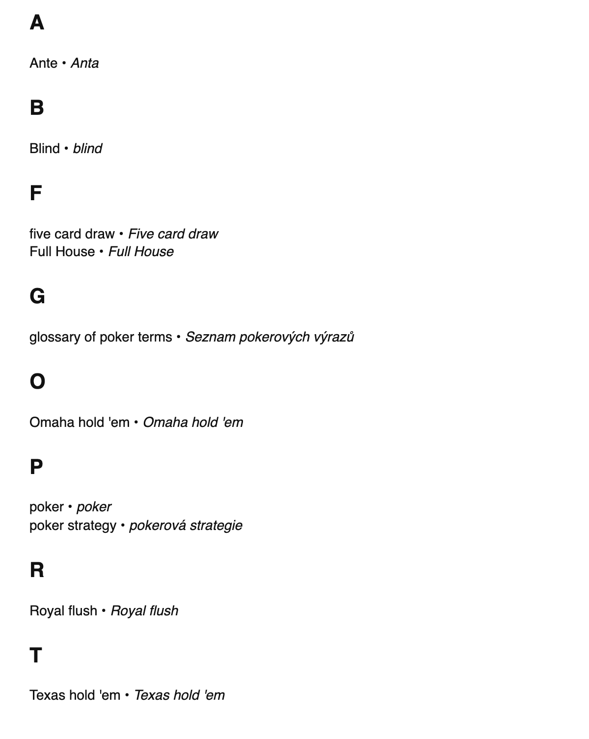 Poker terms in Czech