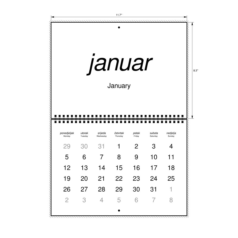 Leskoff 2026 Wall Calendar, Bosnian/English-Labeled, Monday-Start Layout, Wire-Bound, 11.7 x 8.3 in (29.7 x 21.0 cm), image 2 of 2
