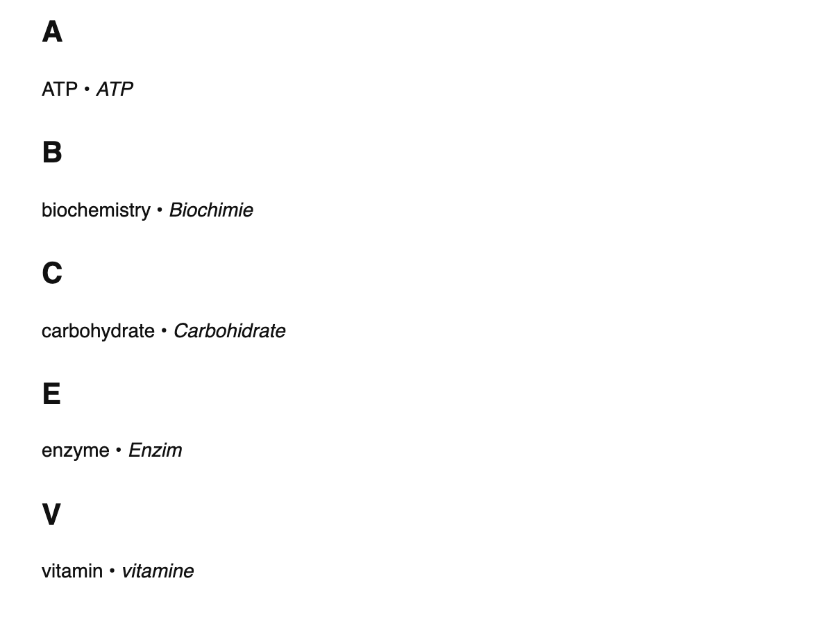 Biochemistry terms in Interlingue