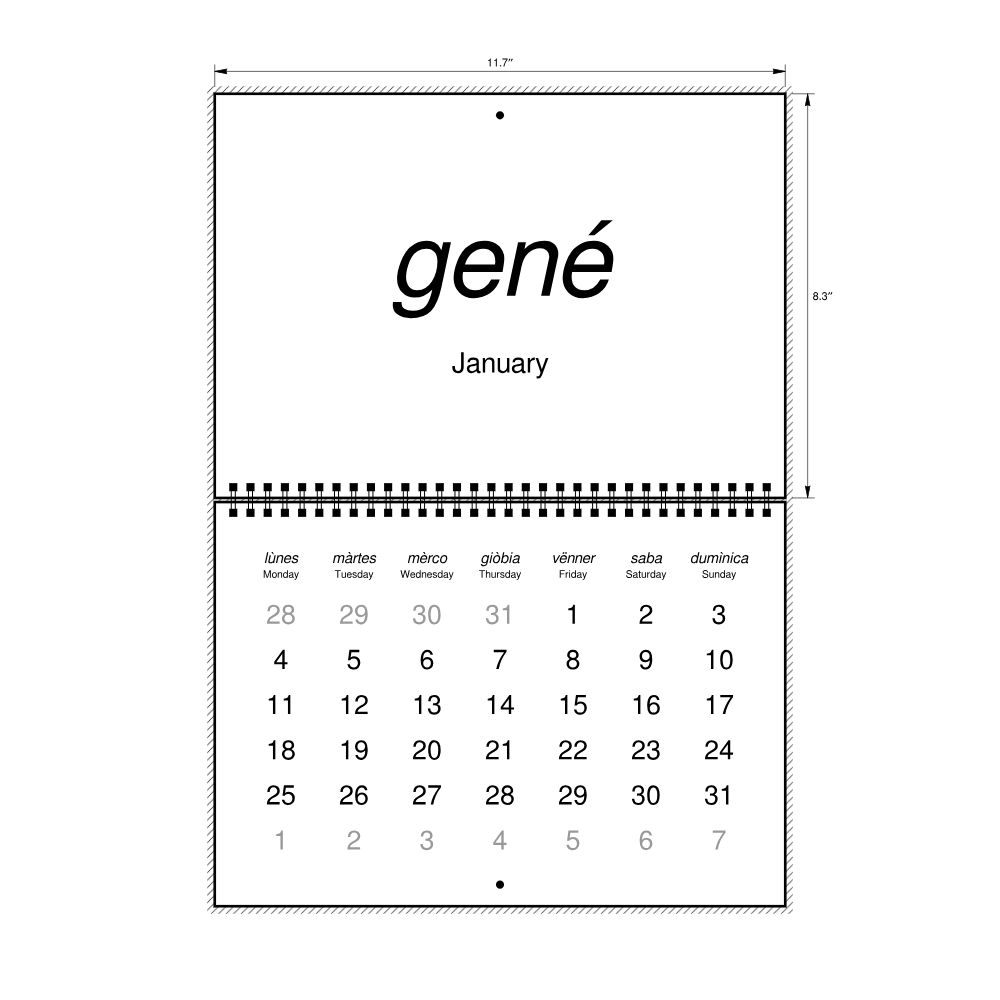 Leskoff 2027 Wall Calendar, Piedmontese/English-Labeled, Monday-Start Layout, Wire-Bound, 11.7 x 8.3 in (29.7 x 21.0 cm), image 2 of 2