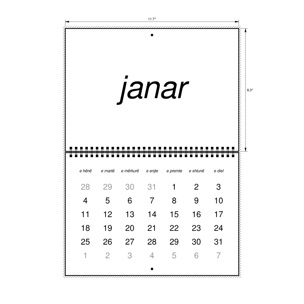 Leskoff 2027 Wall Calendar, Albanian-Labeled, Monday-Start Layout, Wire-Bound, 11.7 x 8.3 in (29.7 x 21.0 cm), image 2 of 2