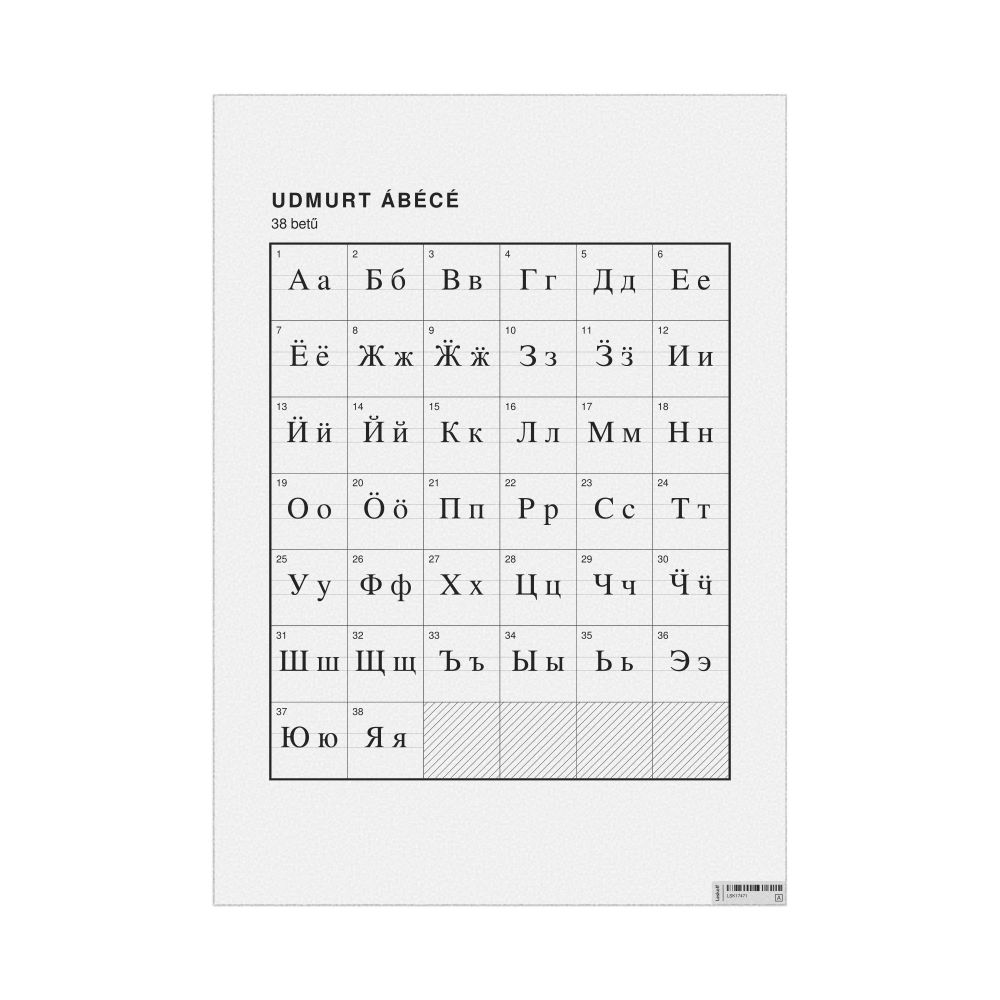 Leskoff Udmurt Alphabet Chart, 23.4 x 33.1 in (59.4 x 84.1 cm, Poster / Wall Chart), Hungarian-Labeled, image 1 of 2