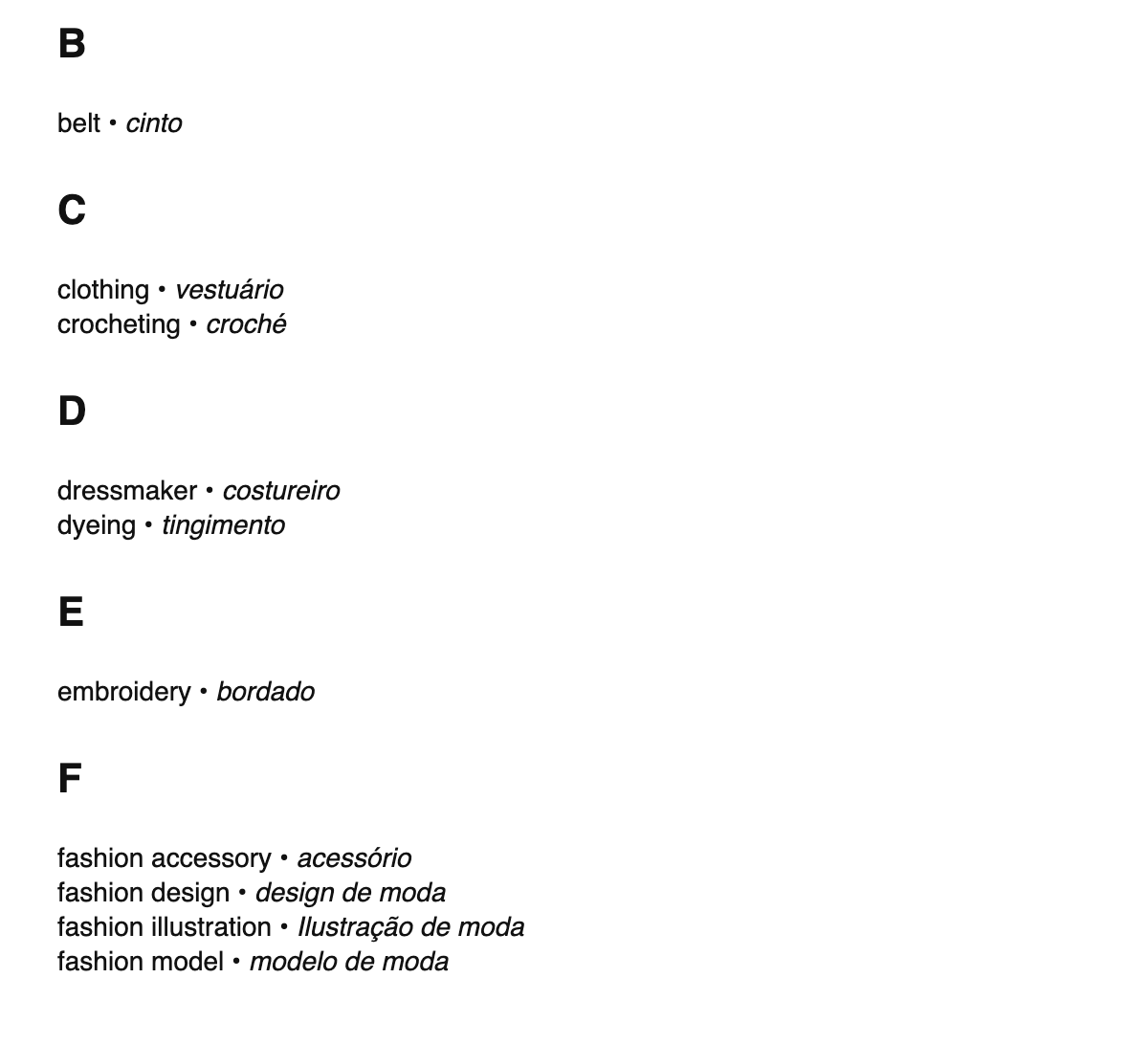Fashion design terms in Portuguese