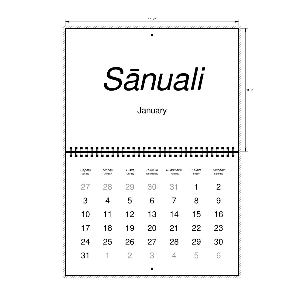 Leskoff 2027 Wall Calendar, Tongan/English-Labeled, Sunday-Start Layout, Wire-Bound, 11.7 x 8.3 in (29.7 x 21.0 cm), image 2 of 2