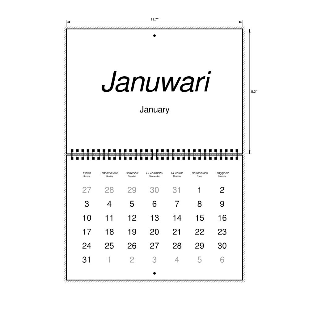 Leskoff 2027 Wall Calendar, Zulu/English-Labeled, Sunday-Start Layout, Wire-Bound, 11.7 x 8.3 in (29.7 x 21.0 cm), image 2 of 2