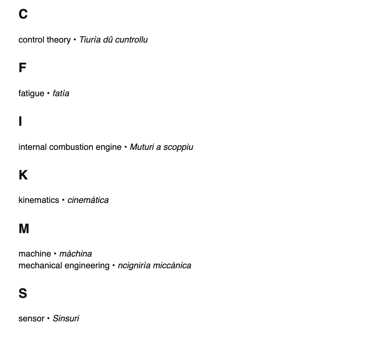 Mechanical engineering terms in Sicilian