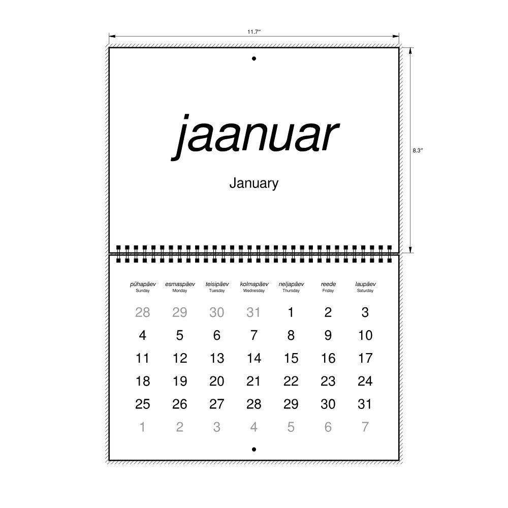 Leskoff 2026 Wall Calendar, Estonian/English-Labeled, Sunday-Start Layout, Wire-Bound, 11.7 x 8.3 in (29.7 x 21.0 cm), image 2 of 2