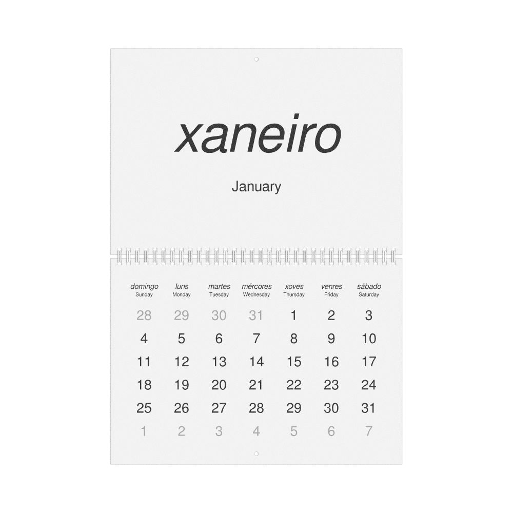 Leskoff 2026 Wall Calendar, Galician/English-Labeled, Sunday-Start Layout, Wire-Bound, 11.7 x 8.3 in (29.7 x 21.0 cm), image 1 of 1