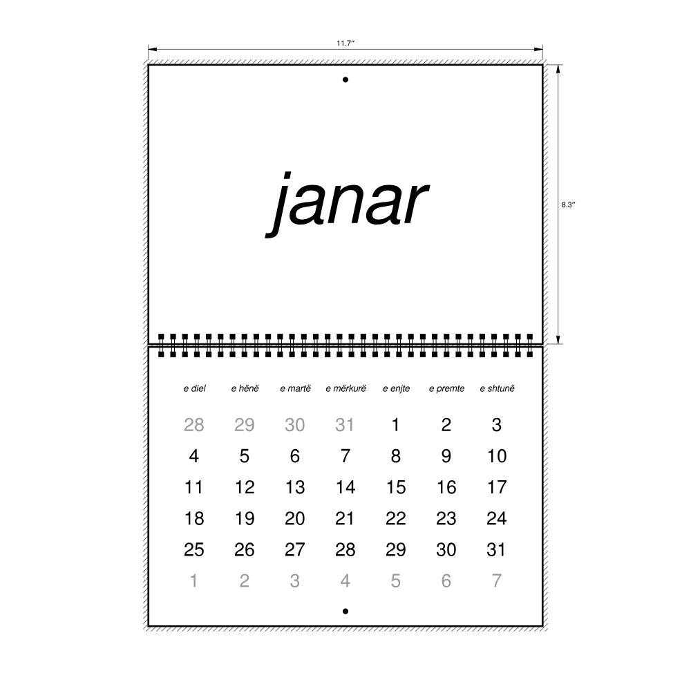 Leskoff 2026 Wall Calendar, Albanian-Labeled, Sunday-Start Layout, Wire-Bound, 11.7 x 8.3 in (29.7 x 21.0 cm), image 2 of 2