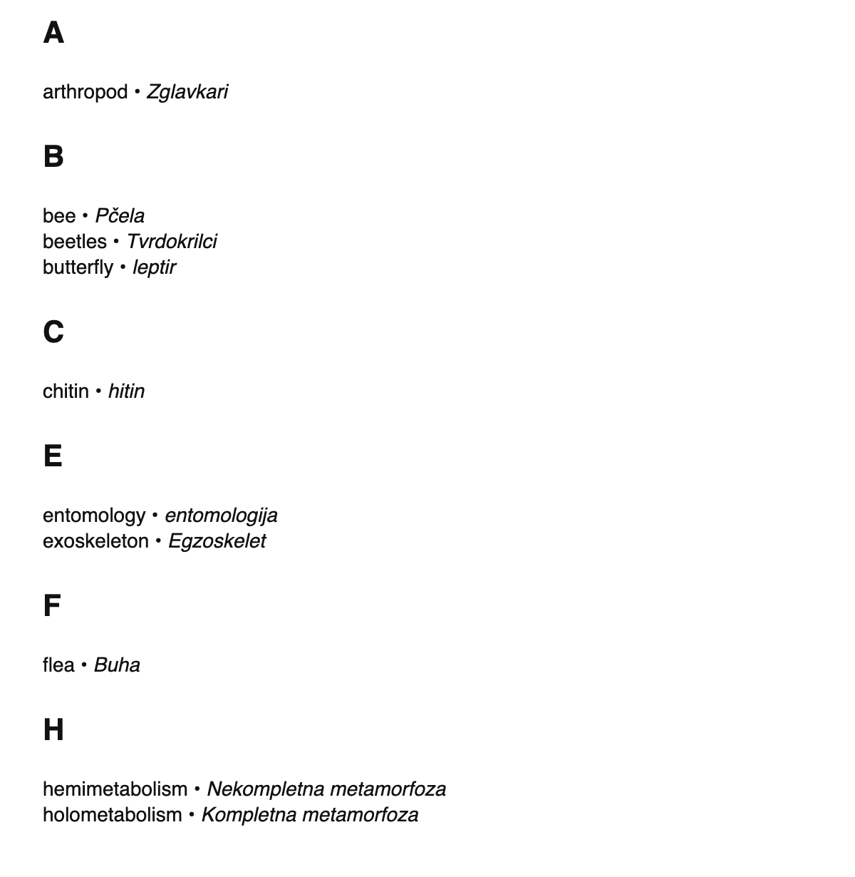 Entomology terms in Bosnian