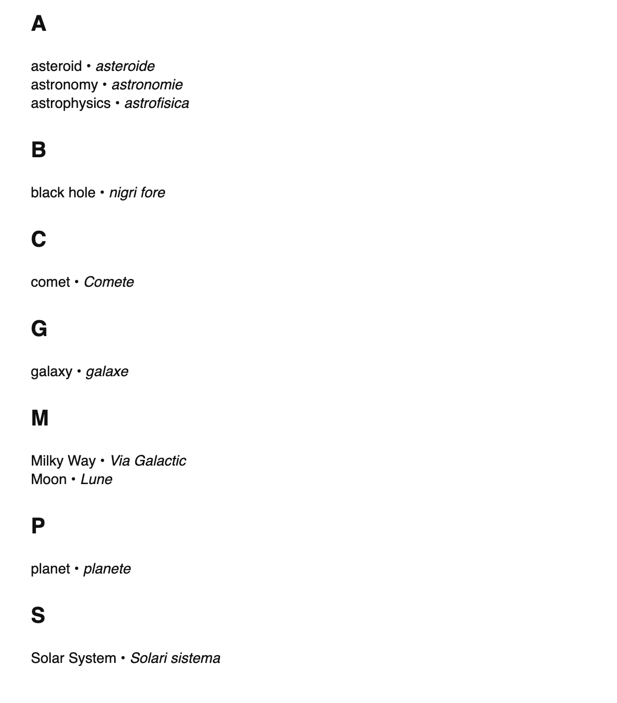 Astronomy terms in Interlingue