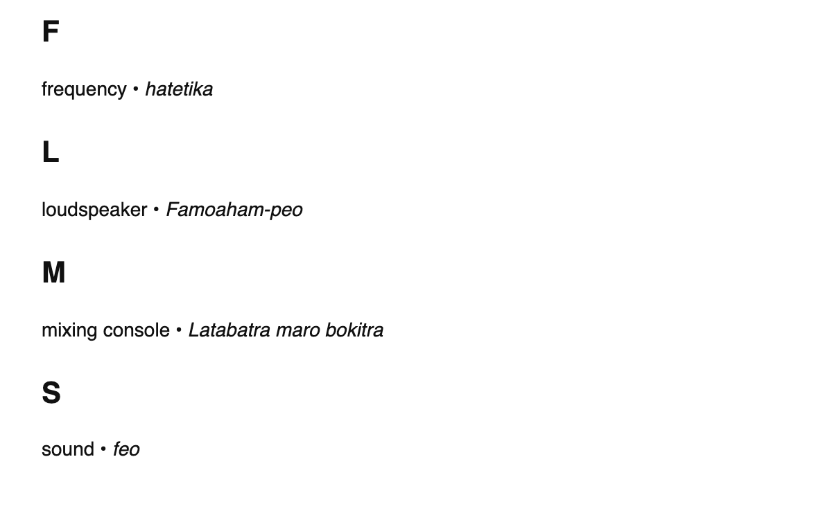 Audio engineering terms in Malagasy
