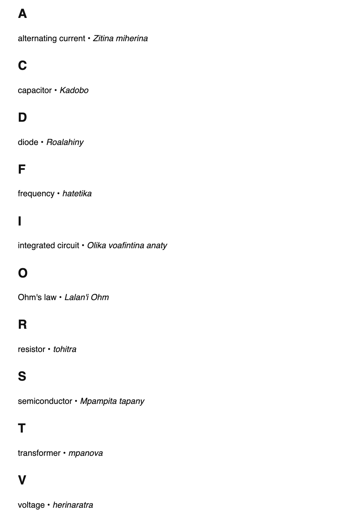 Electrical engineering terms in Malagasy