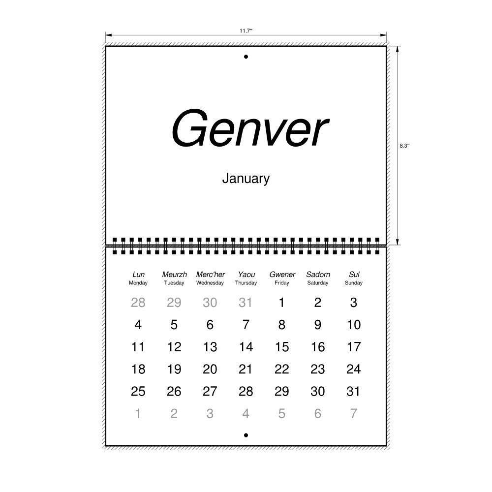 Leskoff 2027 Wall Calendar, Breton/English-Labeled, Monday-Start Layout, Wire-Bound, 11.7 x 8.3 in (29.7 x 21.0 cm), image 2 of 2