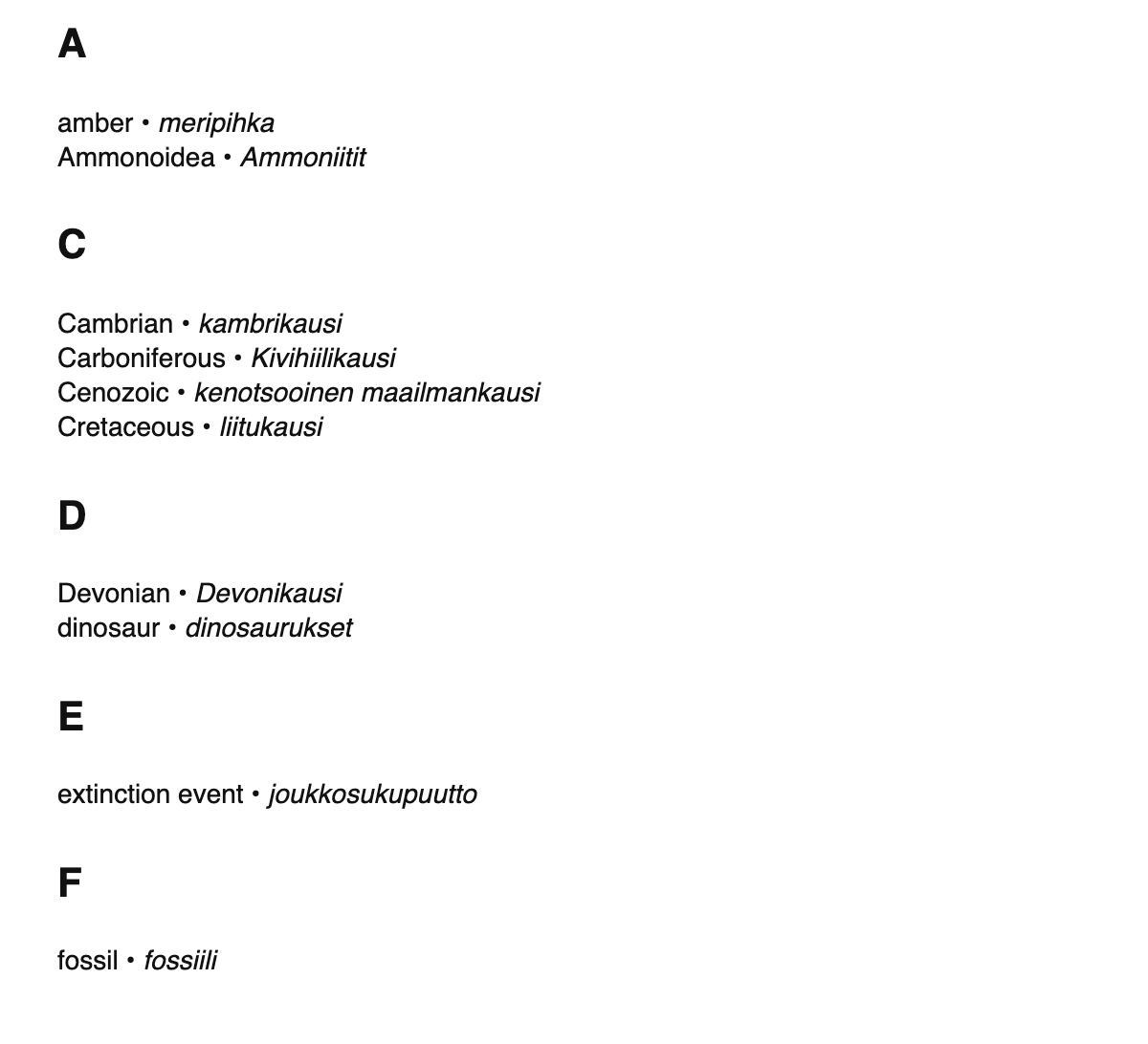 Paleontology terms in Finnish