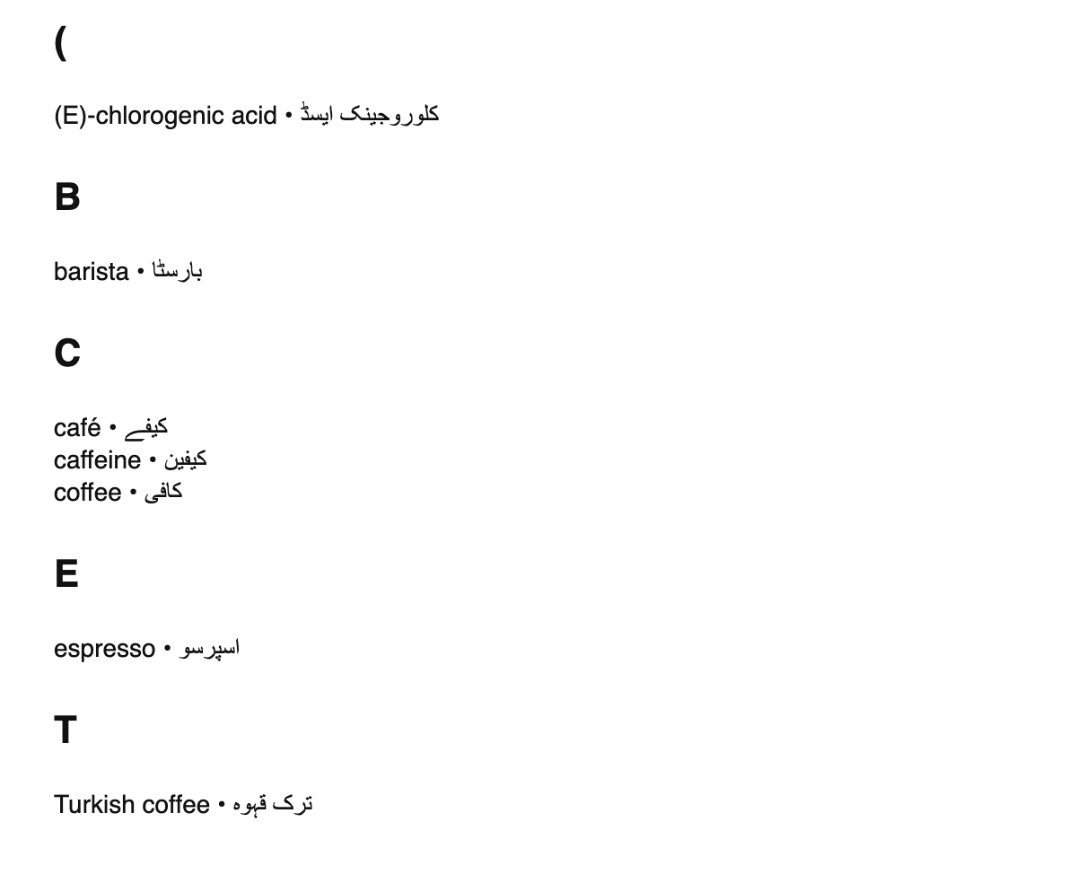 Coffee terms in Urdu