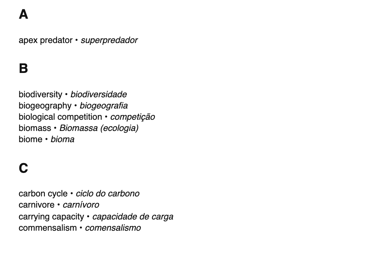 Ecology terms in Portuguese