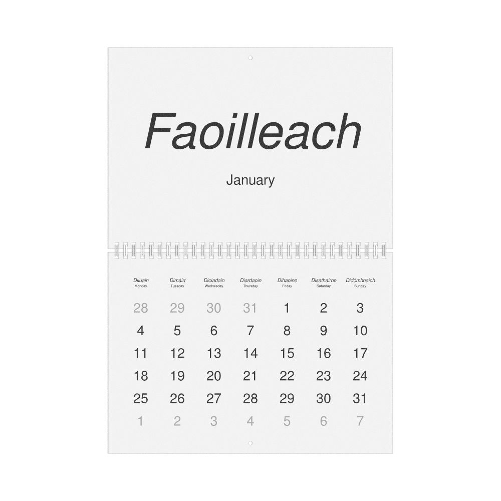 Leskoff 2027 Wall Calendar, Scottish Gaelic/English-Labeled, Monday-Start Layout, Wire-Bound, 11.7 x 8.3 in (29.7 x 21.0 cm), image 1 of 1