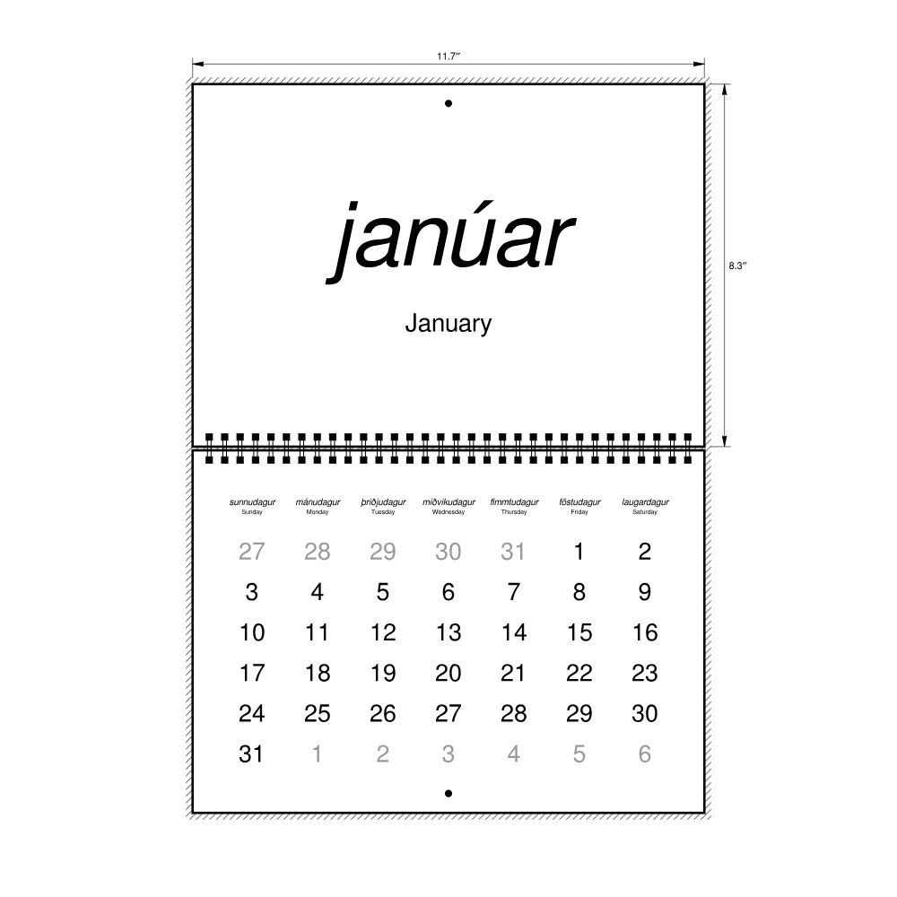 Leskoff 2027 Wall Calendar, Icelandic/English-Labeled, Sunday-Start Layout, Wire-Bound, 11.7 x 8.3 in (29.7 x 21.0 cm), image 2 of 2