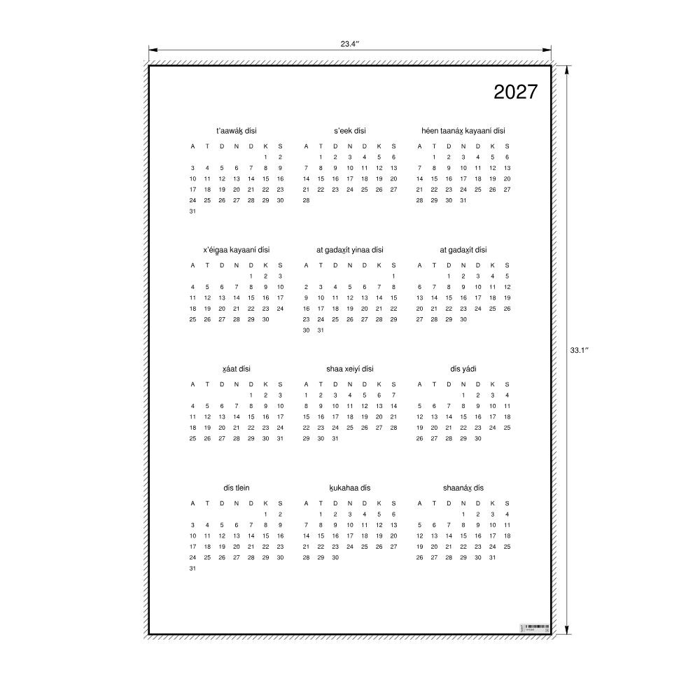 Leskoff 2027 Wall Calendar, Tlingit-Labeled, Sunday-Start Layout, Poster / Wall Print, 23.4 x 33.1 in (59.4 x 84.1 cm), image 2 of 2