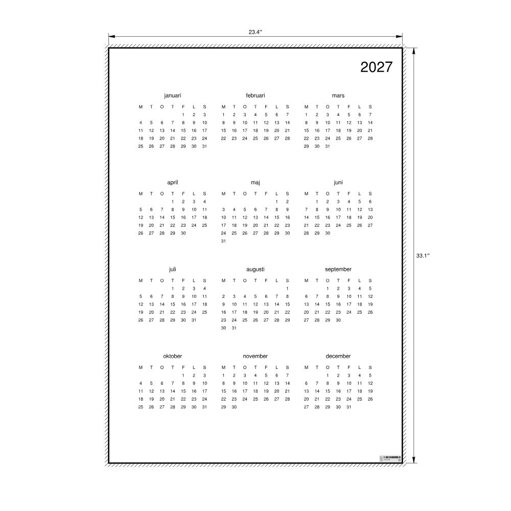Leskoff 2027 Wall Calendar, Swedish-Labeled, Monday-Start Layout, Poster / Wall Print, 23.4 x 33.1 in (59.4 x 84.1 cm), image 2 of 2